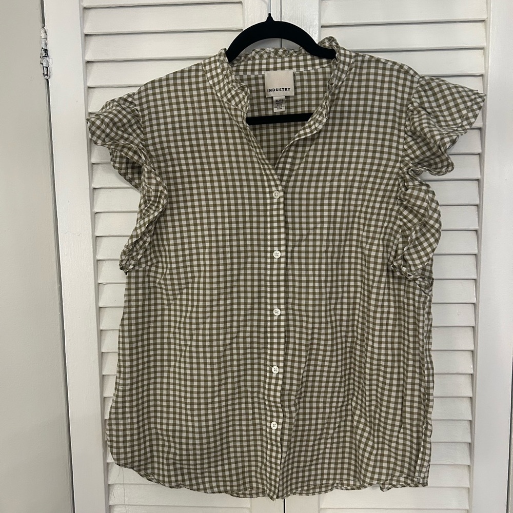 Industry Olive Gingham Ruffle Sleeve Button-Up Blouse